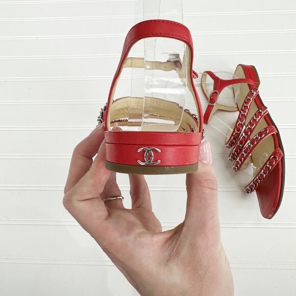 Chanel Red Leather CC Chain Sandals Four Strap Ankle Gladiator 38 - Picture 7 of 14